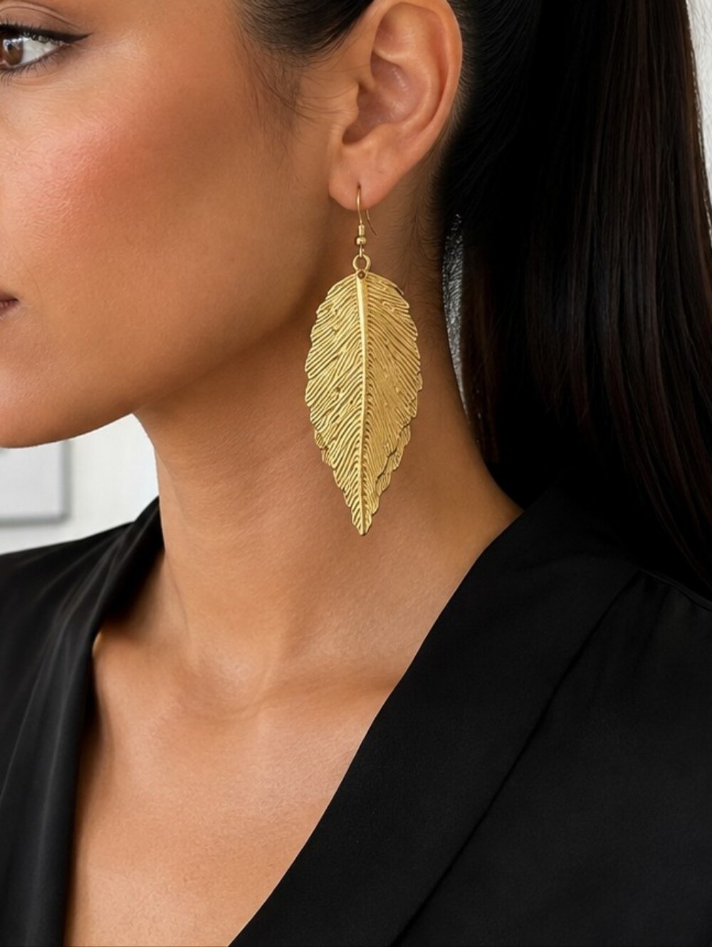Gold Tone Oversized Leaf Statement Earrings 3” Lightweight Botanical